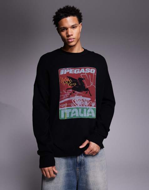 ASOS DESIGN oversized knitted crew neck jumper with Ipegaso print in black
