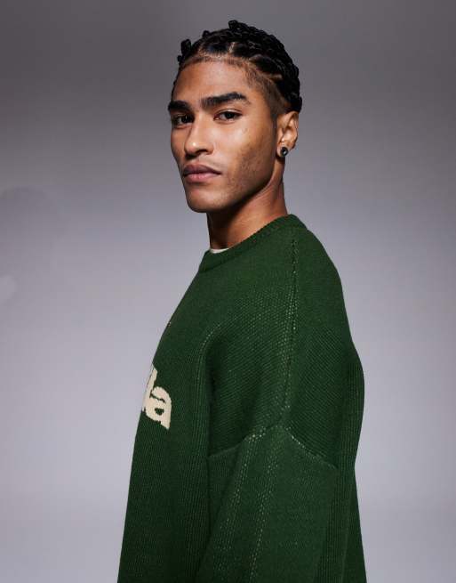 ASOS DESIGN oversized knitted crew neck jumper with Vadella graphic in green, 4 of 5