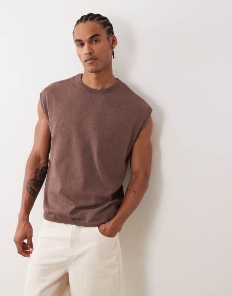 ASOS DESIGN oversized knitted crew neck singlet in brown - view 1
