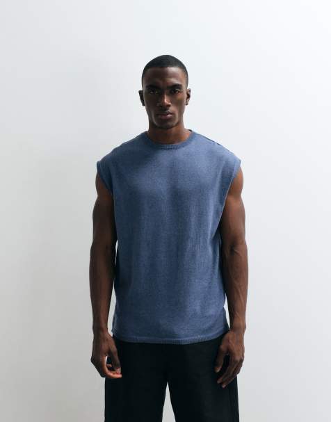 ASOS DESIGN oversized knitted crew neck singlet in denim blue - view 1