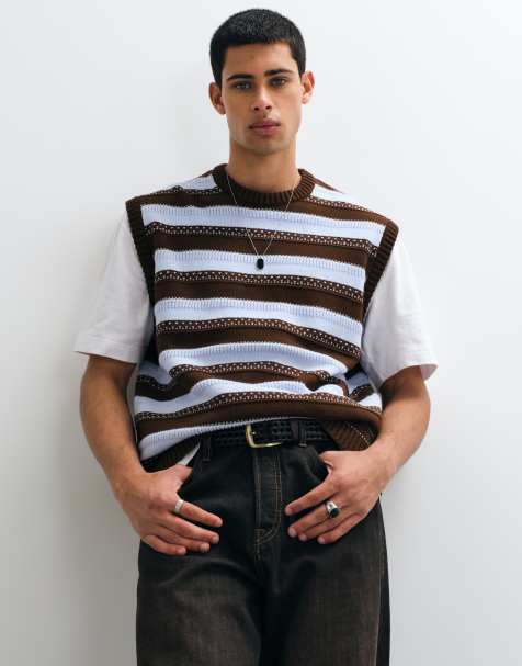 ASOS DESIGN oversized knitted crew neck vest in brown and blue stripe - view 1