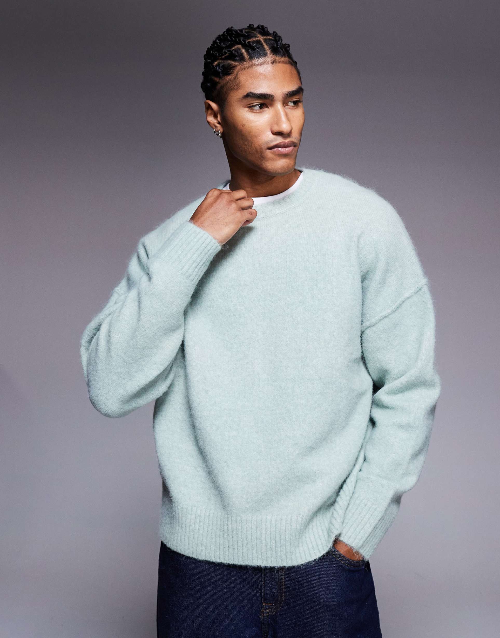 ASOS DESIGN oversized knitted crew neck wool blend sweater in sage