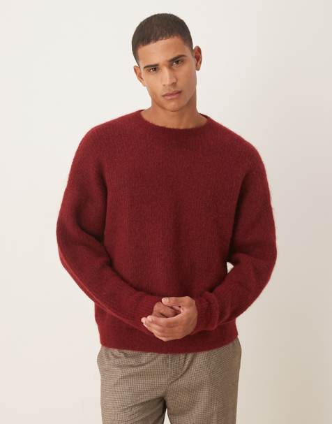 ASOS DESIGN oversized knitted crew neck wool jumper in burgundy