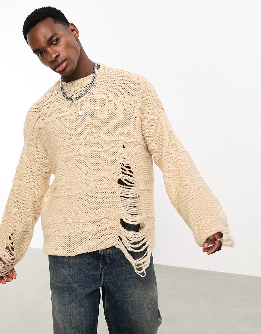 ASOS DESIGN oversized knitted distressed jumper in stone-Neutral