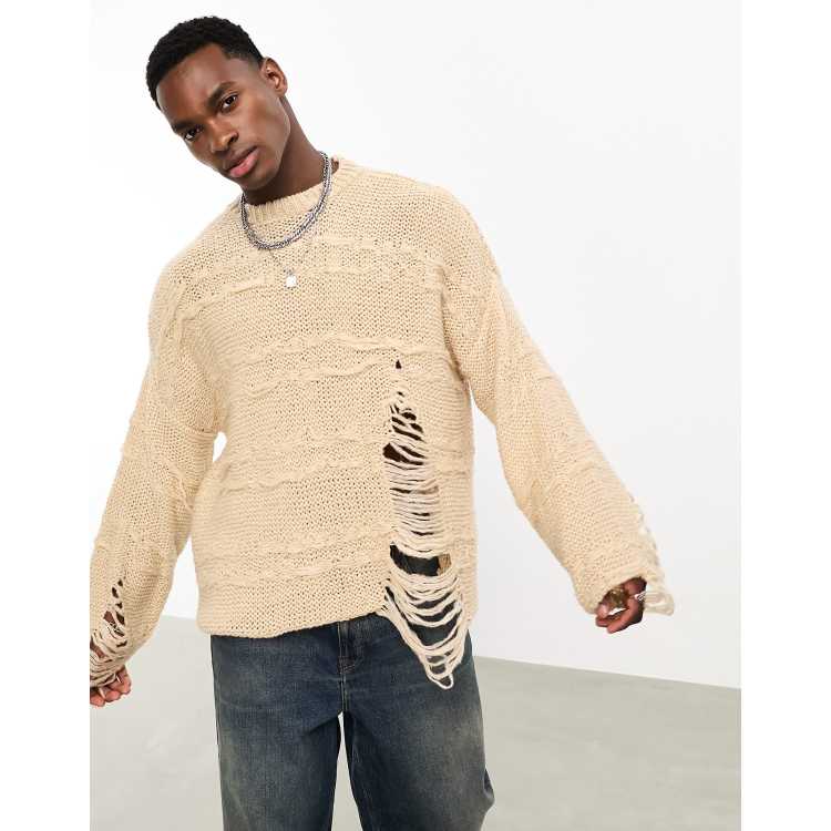 ASOS DESIGN oversized knitted distressed sweater in stone