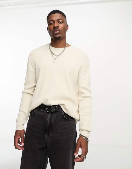 ASOS DESIGN oversized knitted essential rib crew neck jumper in stone