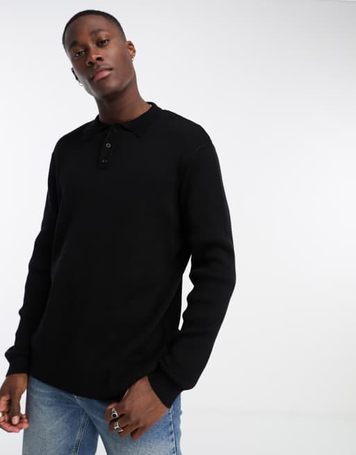 ASOS DESIGN oversized knitted essential rib polo jumper in black