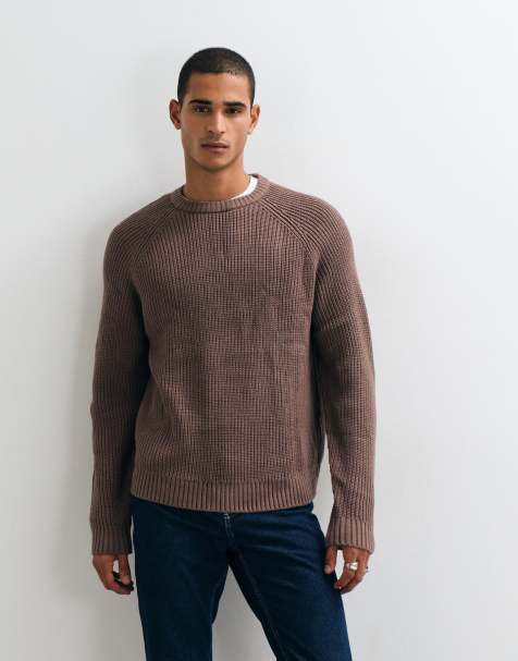 ASOS DESIGN oversized knitted exposed seam crew neck jumper in brown - view 1