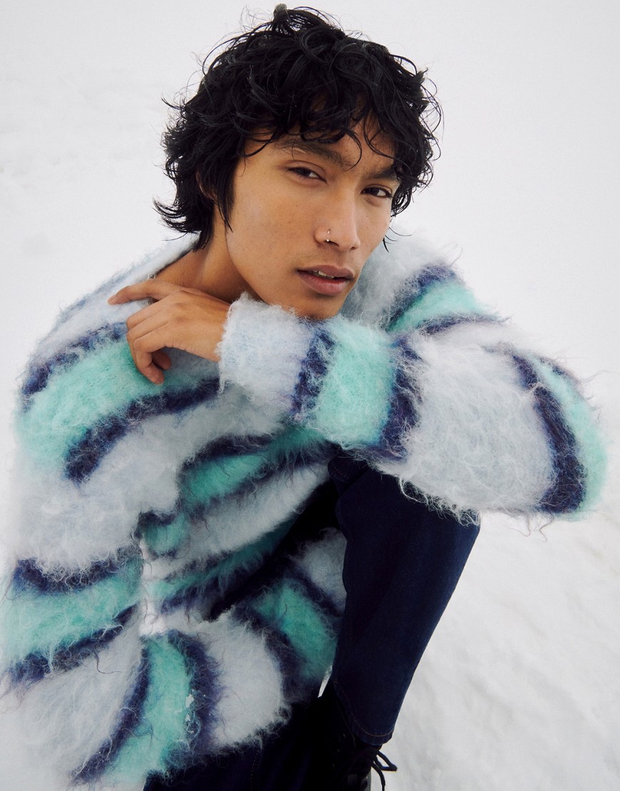 ASOS DESIGN oversized knitted extreme fluffy jumper in blue stripe