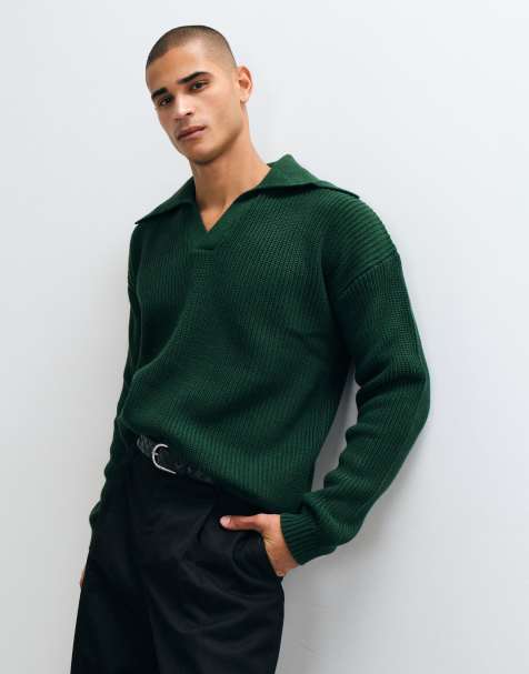 ASOS DESIGN oversized knitted extreme open collar polo jumper in forest green - view 1