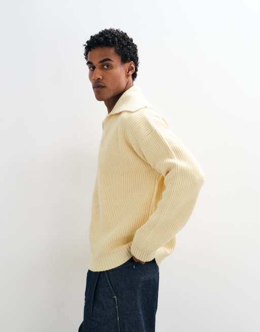 ASOS DESIGN oversized knitted extreme open collar polo jumper in lemon, 3 of 5