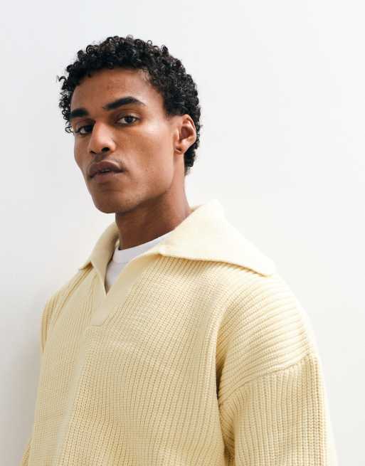 ASOS DESIGN oversized knitted extreme open collar polo jumper in lemon, 4 of 5