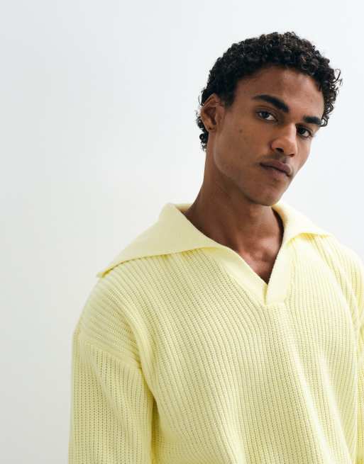 ASOS DESIGN oversized knitted extreme open collar polo jumper in yellow, 2 of 5