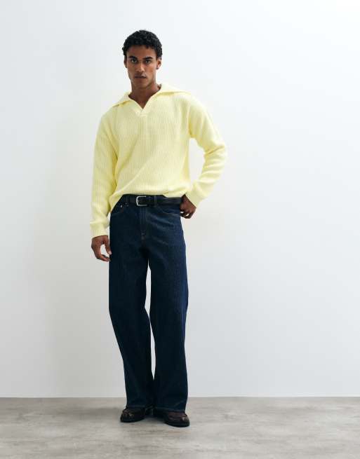 ASOS DESIGN oversized knitted extreme open collar polo sweater in yellow, 3 of 5