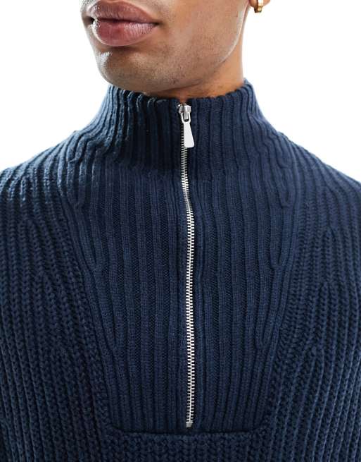 ASOS DESIGN oversized knitted fisherman rib 1/4 zip sweater in navy twist, 3 of 4