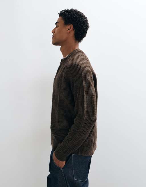 ASOS DESIGN oversized knitted fisherman rib cardigan in brown, 3 of 5