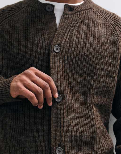 ASOS DESIGN oversized knitted fisherman rib cardigan in brown, 4 of 5