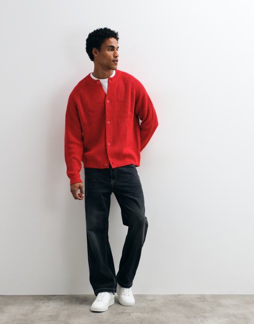 ASOS DESIGN oversized knitted fisherman rib cardigan in red, 2 of 5