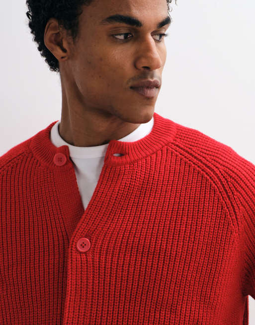 ASOS DESIGN oversized knitted fisherman rib cardigan in red, 3 of 5
