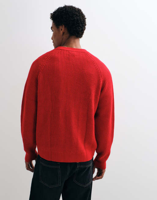 ASOS DESIGN oversized knitted fisherman rib cardigan in red, 5 of 5