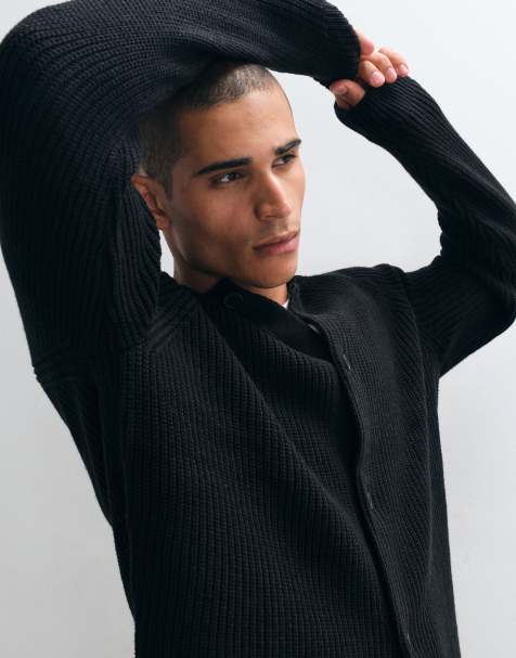 ASOS DESIGN oversized knitted fisherman rib crew neck cardigan in black - view 1