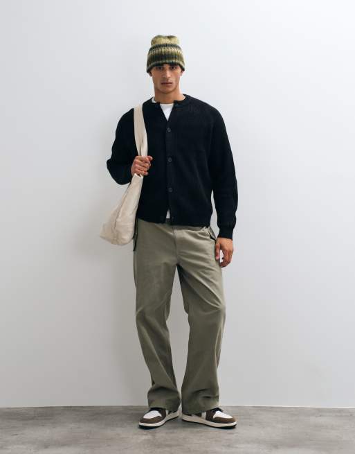 ASOS DESIGN oversized knitted fisherman rib crew neck cardigan in black, 2 of 5