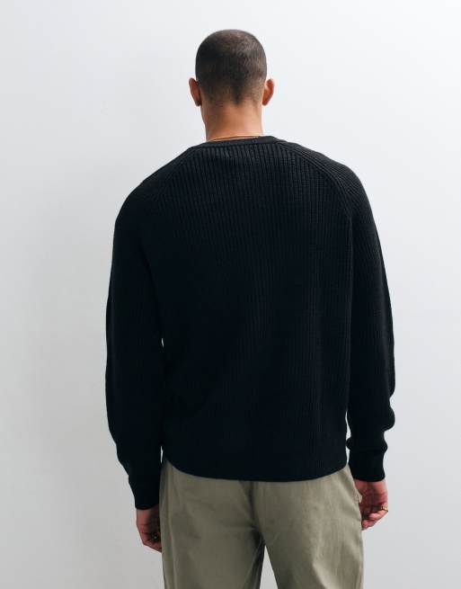 ASOS DESIGN oversized knitted fisherman rib crew neck cardigan in black, 5 of 5
