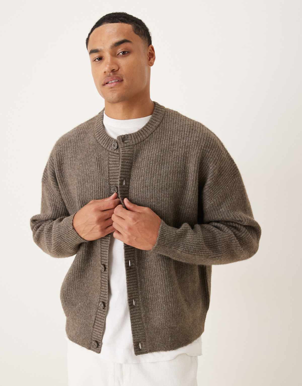 ASOS DESIGN oversized knitted fisherman rib crew neck cardigan in brown marl