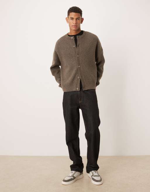 ASOS DESIGN oversized knitted fisherman rib crew neck cardigan in brown marl, 2 of 5
