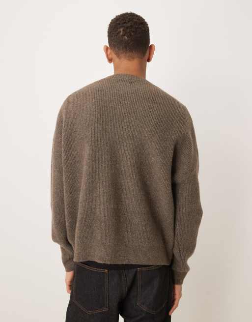 ASOS DESIGN oversized knitted fisherman rib crew neck cardigan in brown marl, 3 of 5