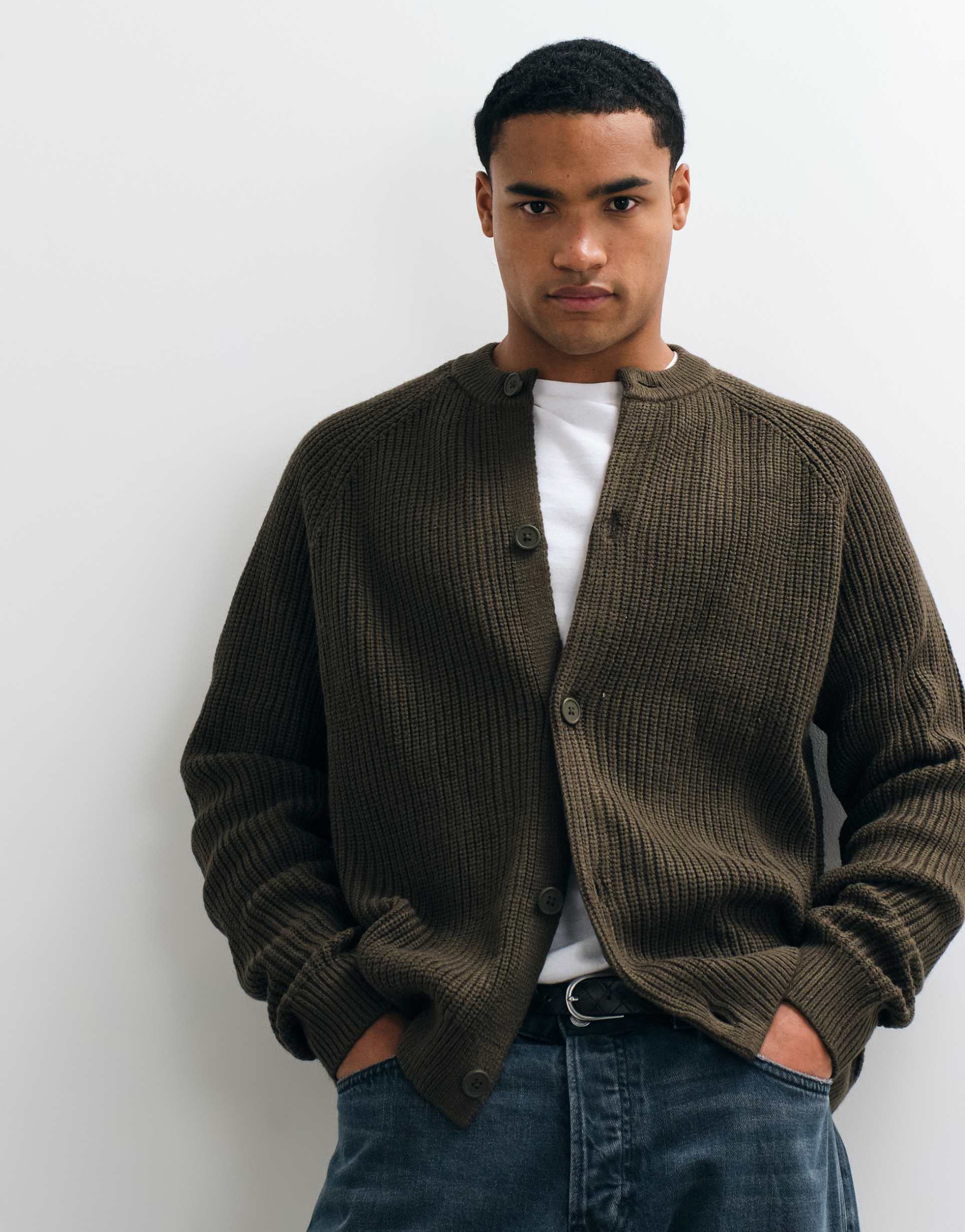 ASOS DESIGN oversized knitted fisherman rib crew neck cardigan in dark khaki