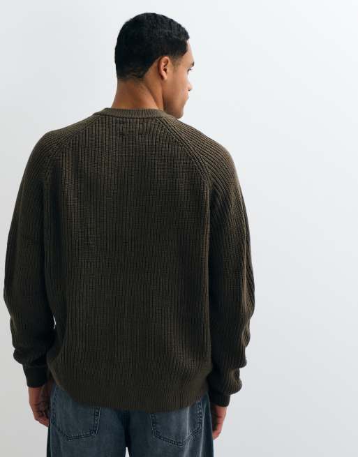 ASOS DESIGN oversized knitted fisherman rib crew neck cardigan in dark khaki, 5 of 5