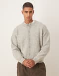 [ASOS DESIGN] ASOS DESIGN oversized knitted fisherman rib crew neck cardigan in light grey marl XS Light grey marl