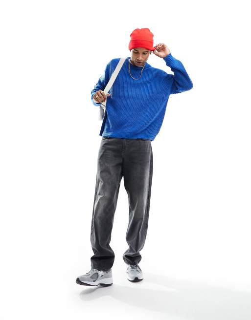 ASOS DESIGN oversized knitted fisherman rib crew neck jumper in cobalt blue