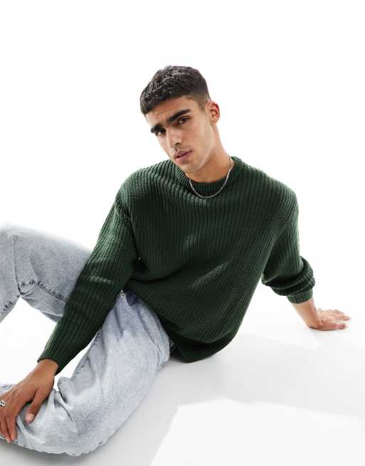 ASOS DESIGN oversized knitted fisherman rib crew neck sweater in green