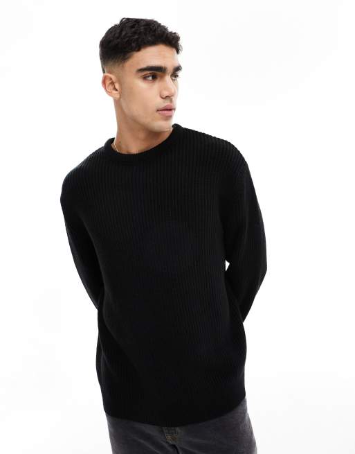 ASOS DESIGN oversized knitted fisherman rib jumper in black | ASOS