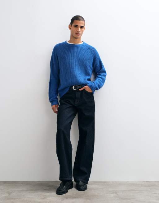 ASOS DESIGN oversized knitted fisherman rib jumper in blue, 2 of 5
