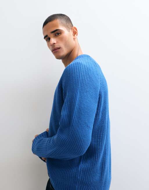 ASOS DESIGN oversized knitted fisherman rib jumper in blue, 4 of 5