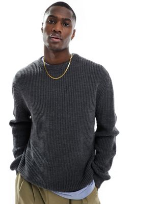 ASOS DESIGN oversized knitted fisherman rib jumper in charcoal