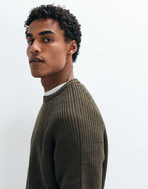 ASOS DESIGN oversized knitted fisherman rib jumper in dark khaki , 5 of 5