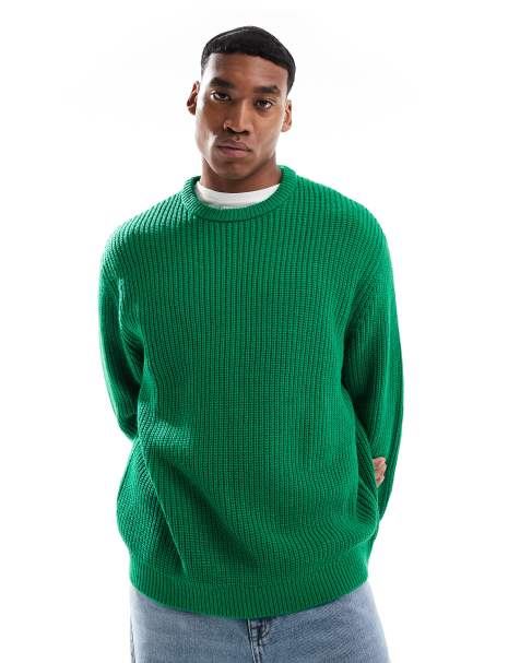ASOS DESIGN oversized knitted fisherman rib jumper in green - view 1
