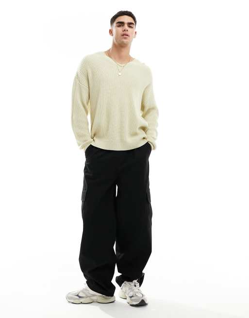 ASOS DESIGN oversized knitted fisherman rib jumper with v-neck in oatmeal, 2 of 4