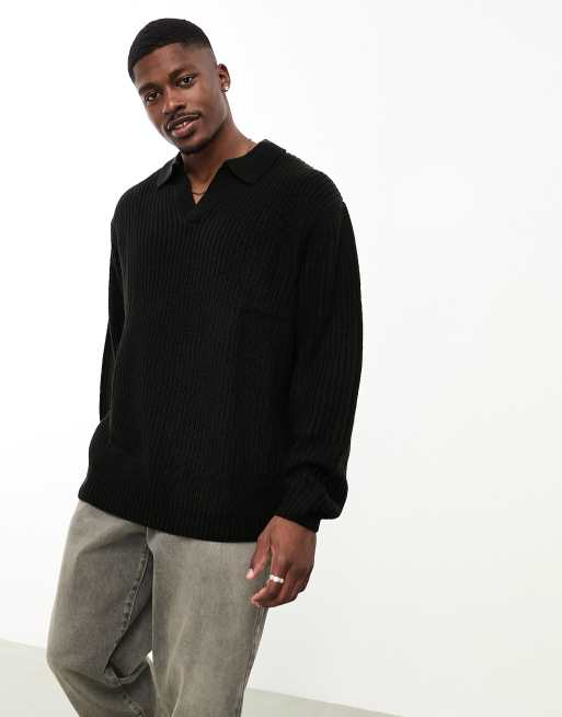 ASOS DESIGN oversized knitted fisherman rib notch neck jumper in black