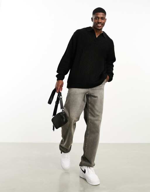 ASOS DESIGN oversized knitted fisherman rib notch neck jumper in black, 4 of 4