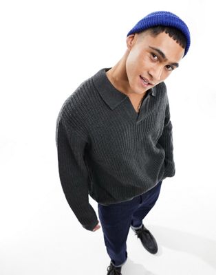 ASOS DESIGN oversized knitted fisherman rib notch neck jumper in charcoal