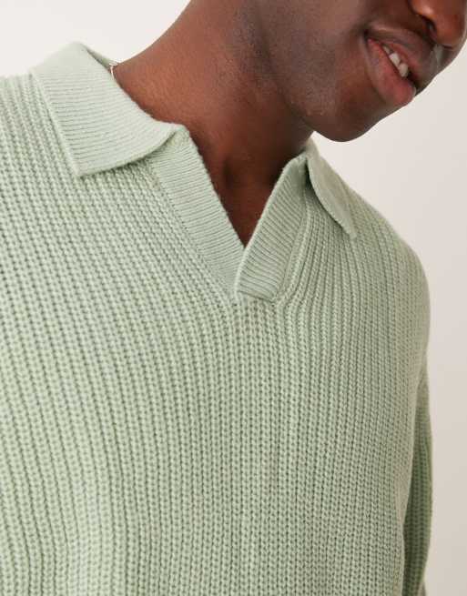 ASOS DESIGN oversized knitted fisherman rib notch neck jumper in sage green, 2 of 4