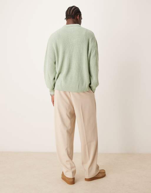 ASOS DESIGN oversized knitted fisherman rib notch neck jumper in sage green, 4 of 4