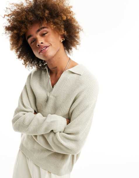 ASOS DESIGN oversized knitted fisherman rib notch neck jumper in stone