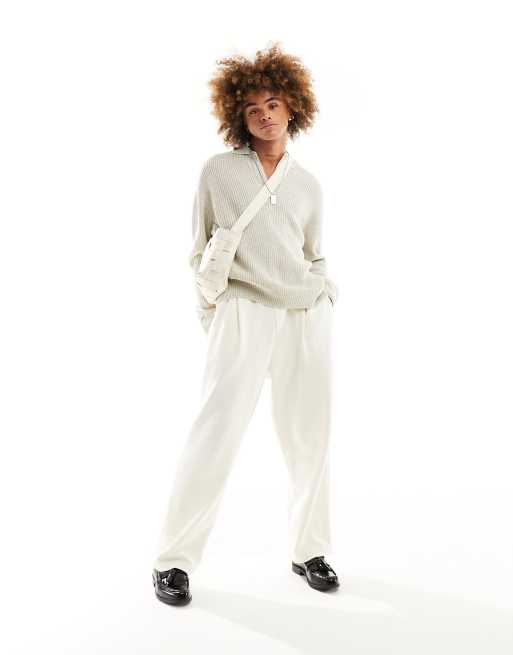 ASOS DESIGN oversized knitted fisherman rib notch neck jumper in stone, 2 of 4