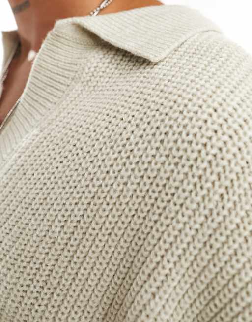 ASOS DESIGN oversized knitted fisherman rib notch neck jumper in stone, 3 of 4
